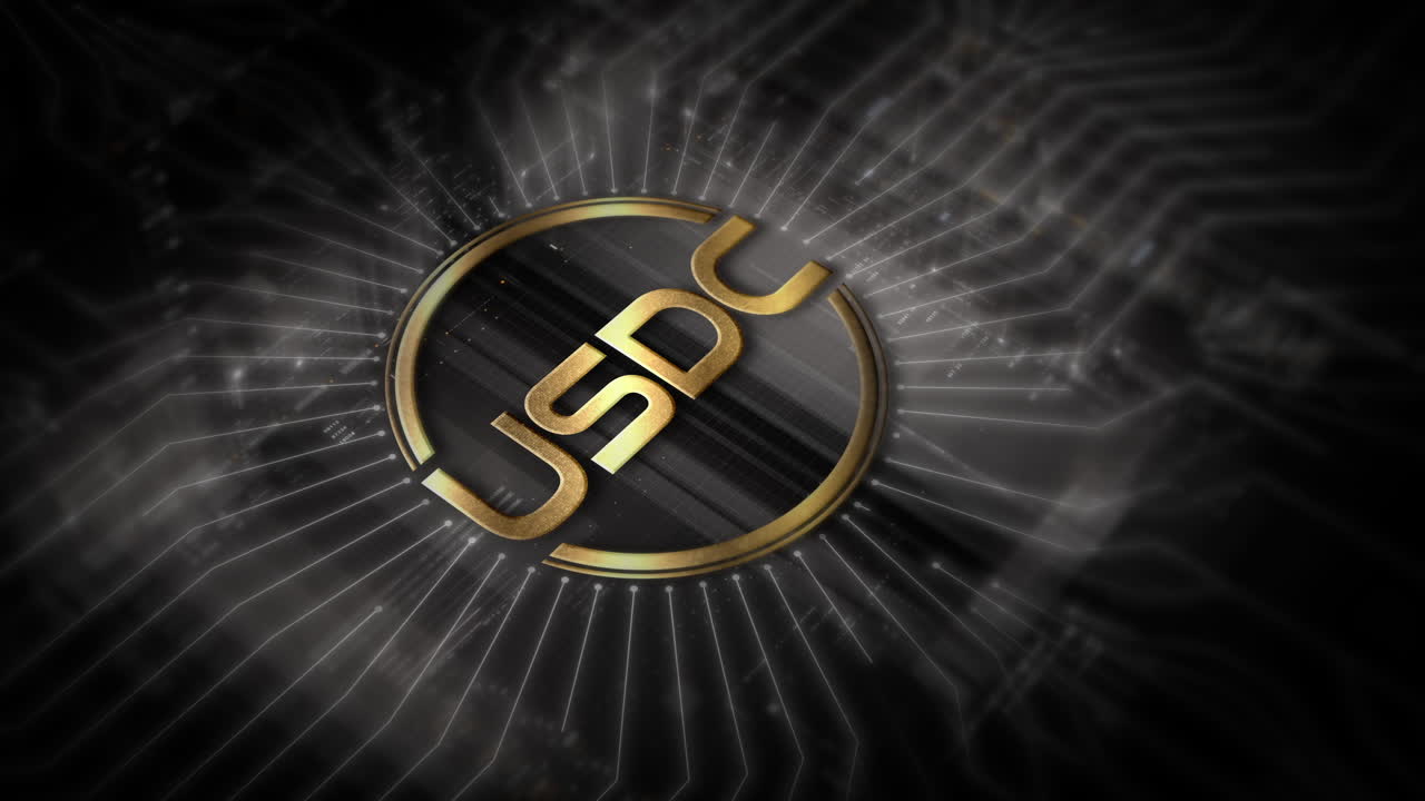 Futuristic digital background highlighting advanced cryptocurrency and encryption technology, featuring blockchain networks and secure cryptographic systems : USDC