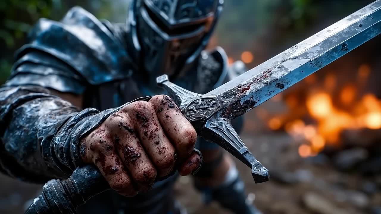 A man in armor holding a sword in front of a fire