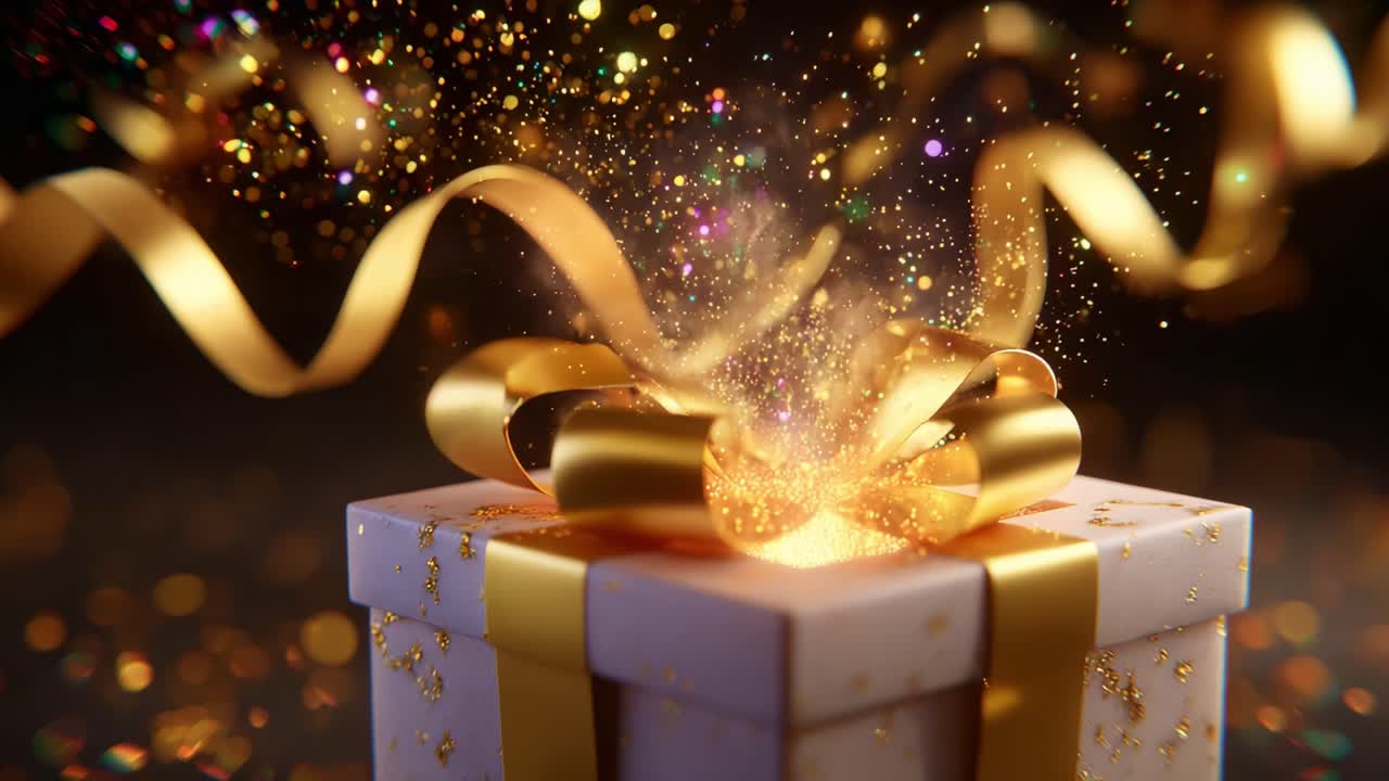 A stunning presentation of a beautifully wrapped gift box bursting with vibrant colors and sparkling confetti, as golden ribbons swirl around, creating a magical and festive atmosphere for any celebration
