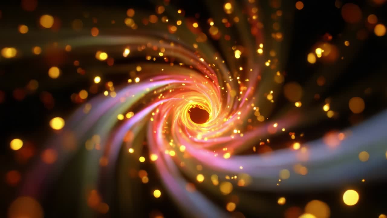A mesmerizing visual representation of a swirling vortex filled with vibrant golden sparks and colorful light streams that create a dynamic and enchanting cosmic phenomenon, captivating viewers with its beauty