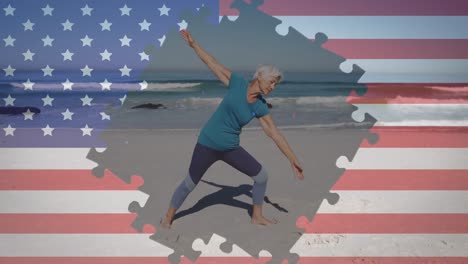 Animation-of-fireworks-and-american-flag-jigsaw-puzzles-revealing-senior-woman-exercising-on-beach