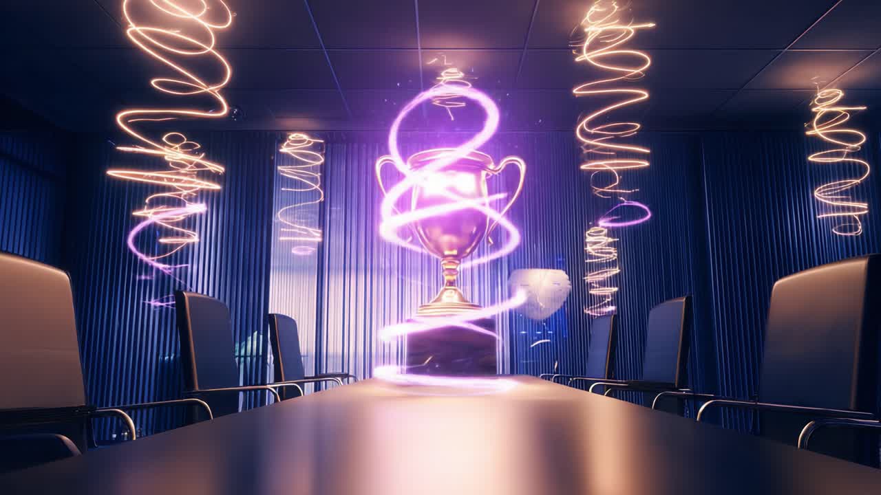 Shiny gold trophy levitating in the center of a modern conference table. Surrounded by swirling neon lights. Symbolic business success and achievement concept in a futuristic corporate office setting