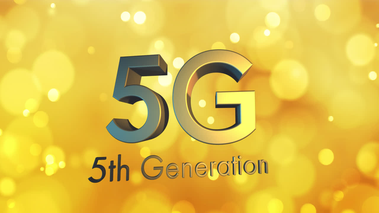 animación de texto de 5g de quinta generación sobre manchas doradas