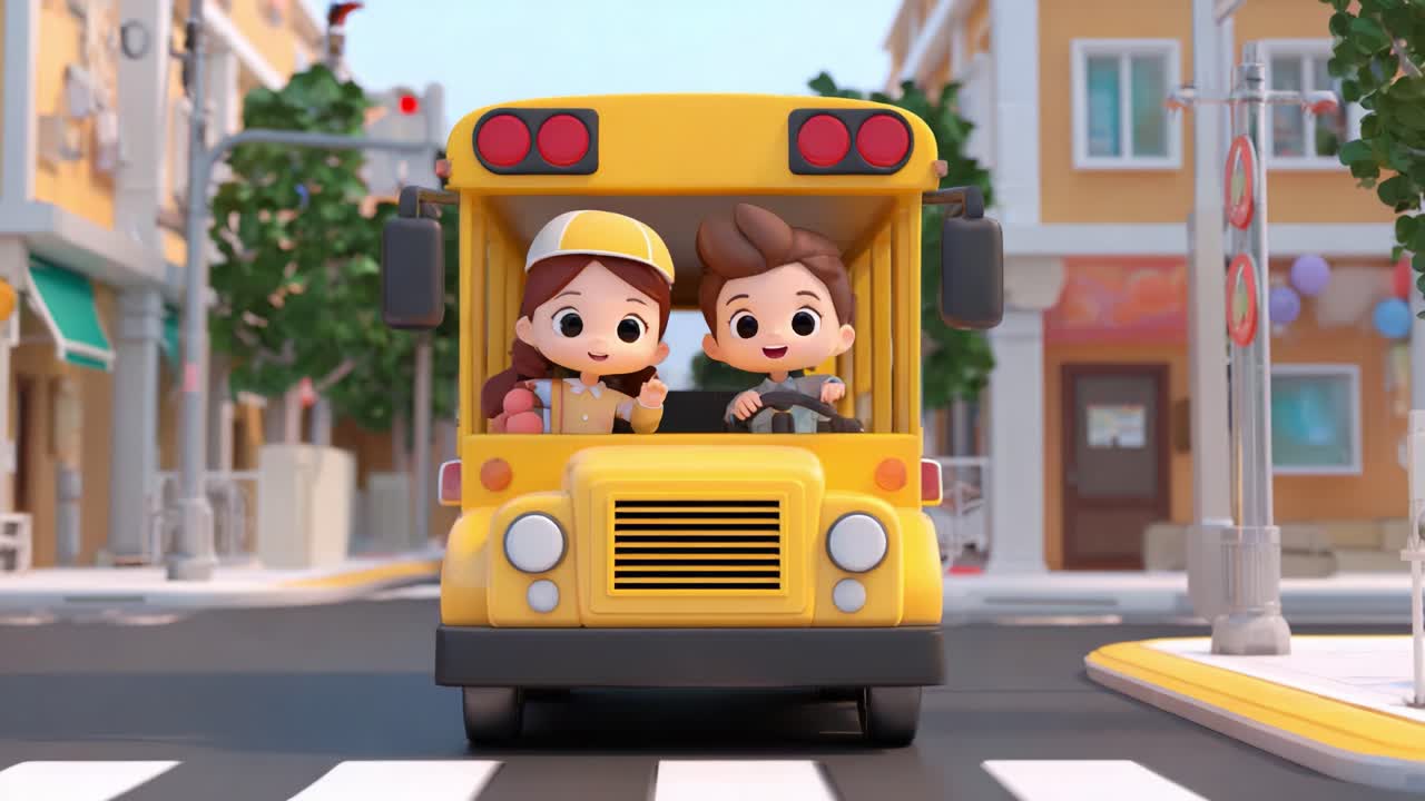 Animated Adventure: Cheerful Characters in a Bright Yellow School Bus Driving Through a Charming Animated Town Landscape Full of Fun and Excitement