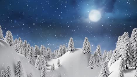 Digitale-Animation-Von-Schnee,-Der-Auf-Eine-Winterlandschaft-Fällt,-Vor-Dem-Mond-Am-Nachthimmel