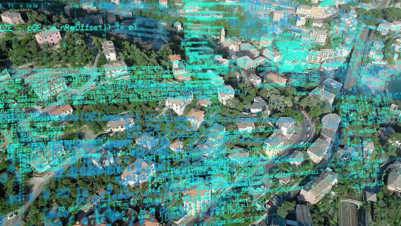 도시 풍경 위의 데이터 처리 애니메이션