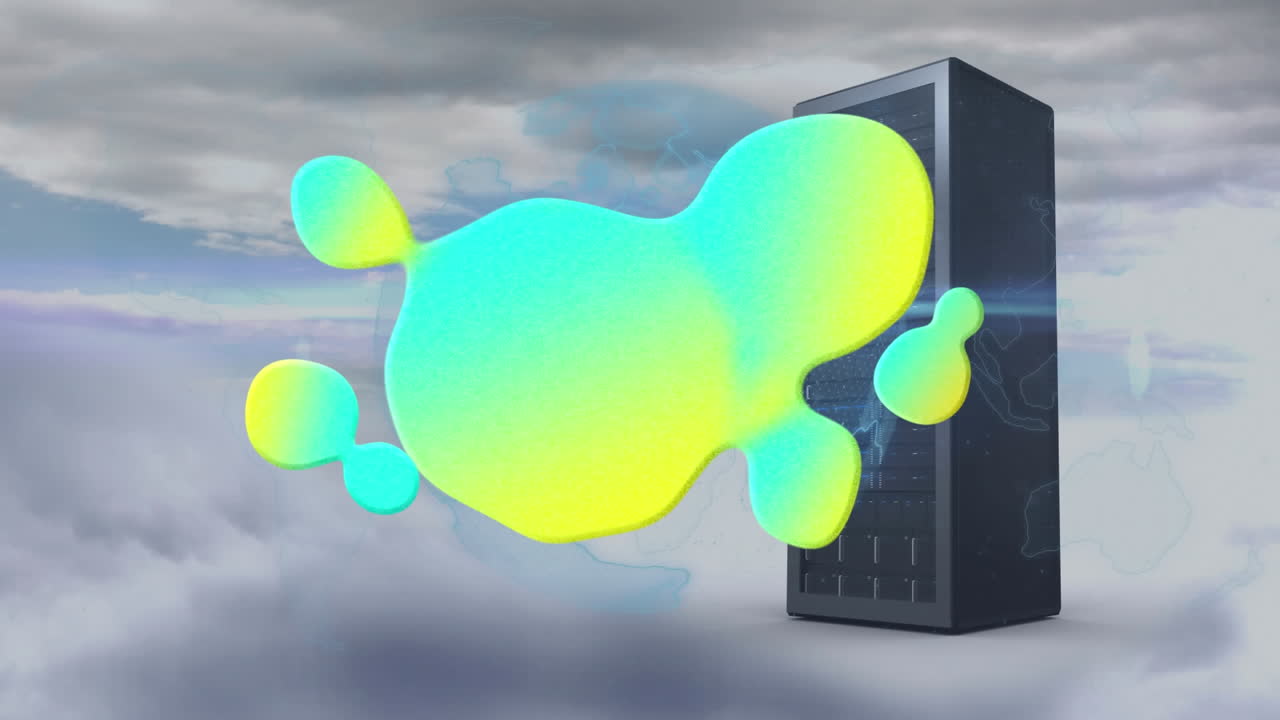 forma abstracta de gradiente sobre globo giratorio y servidor de computadora contra nubes en el cielo