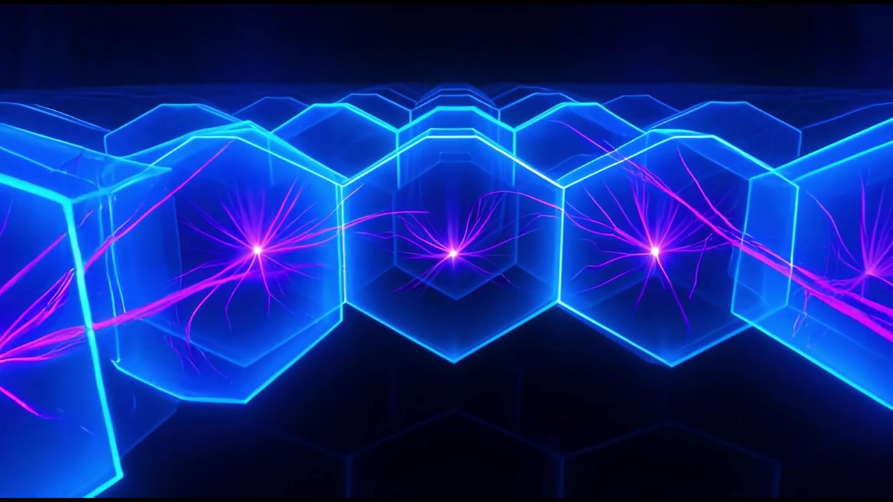Abstract Digital Hexagon Grid with Glowing Energy Pulses