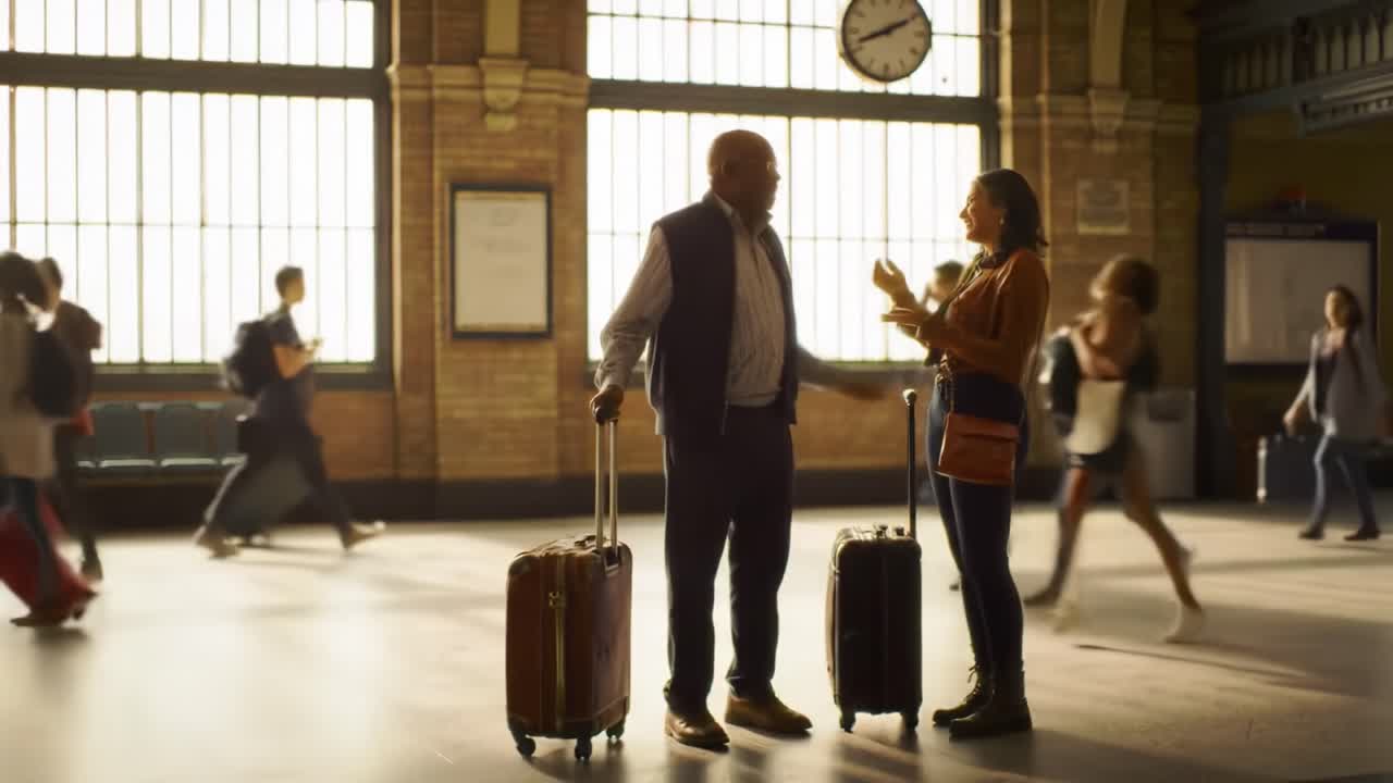 Two travelers share a joyful reunion at a bustling train station.