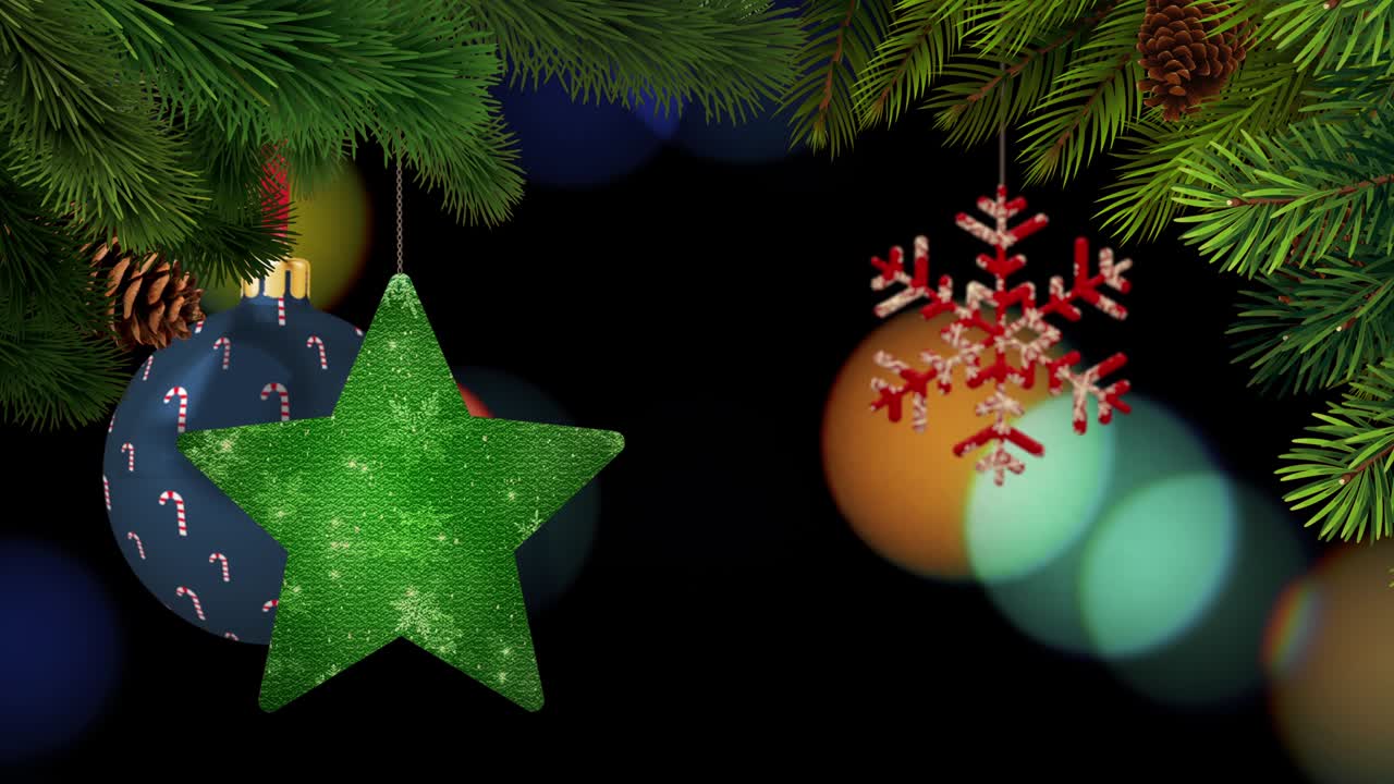 los adornos de navidad y los pinos se balancean en un fondo bokeh en bucle