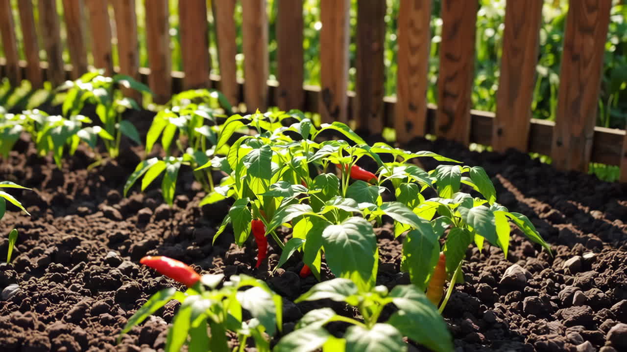 Chili pepper plants growing in a garden bed
