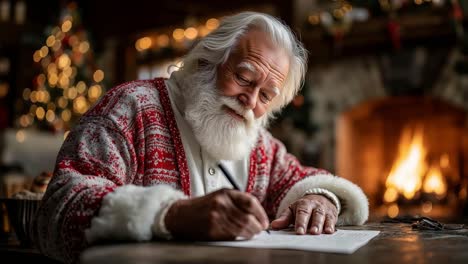 A man in a santa suit writing on a piece of paper in front of a fireplace