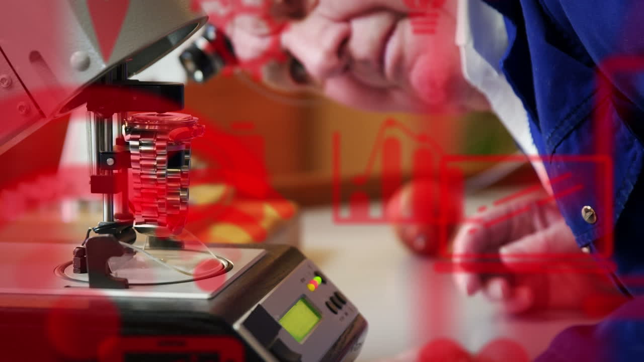 анимация технологических икон над руками старшего кавказского мужчины, очищающего часы