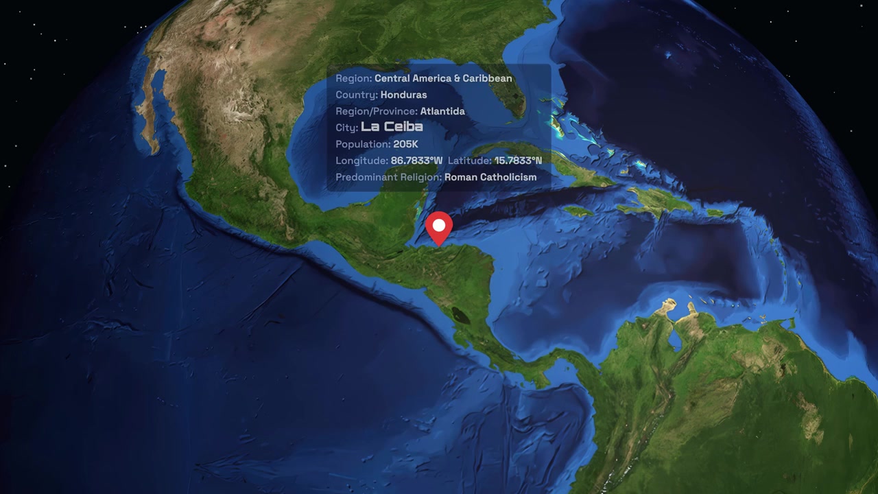 Globo digital gira e aproxima-se da América Central, destacando La Ceiba com sobreposições de texto informativo