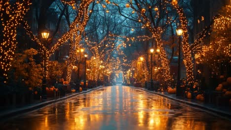 autumn street with pumpkins and lights