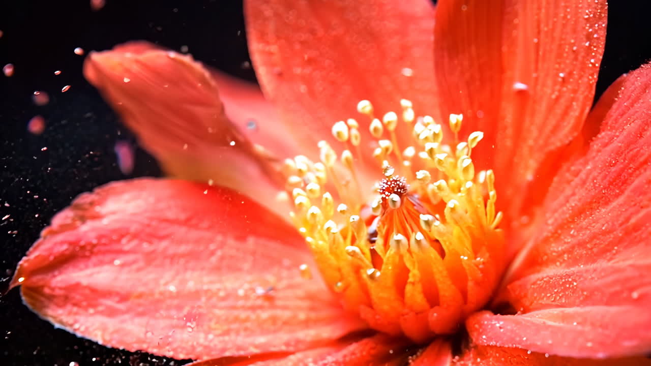 A close up of a red flower with water droplets on it. The flower is surrounded by a blurry background, giving it a dreamy, ethereal quality