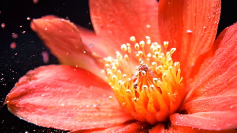 a close up of a red flower with water droplets on it. the flower is surrounded by a blurry background, giving it a dreamy, ethereal quality