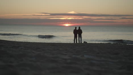 Dos-Amigos-Parados-En-La-Playa-Y-Viendo-La-Puesta-De-Sol