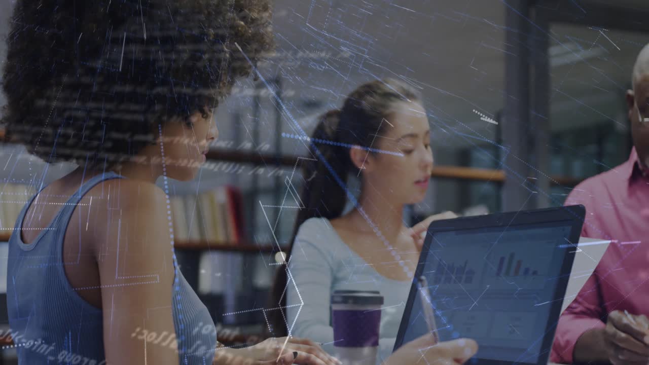 Animation of financial data processing over diverse business people in office