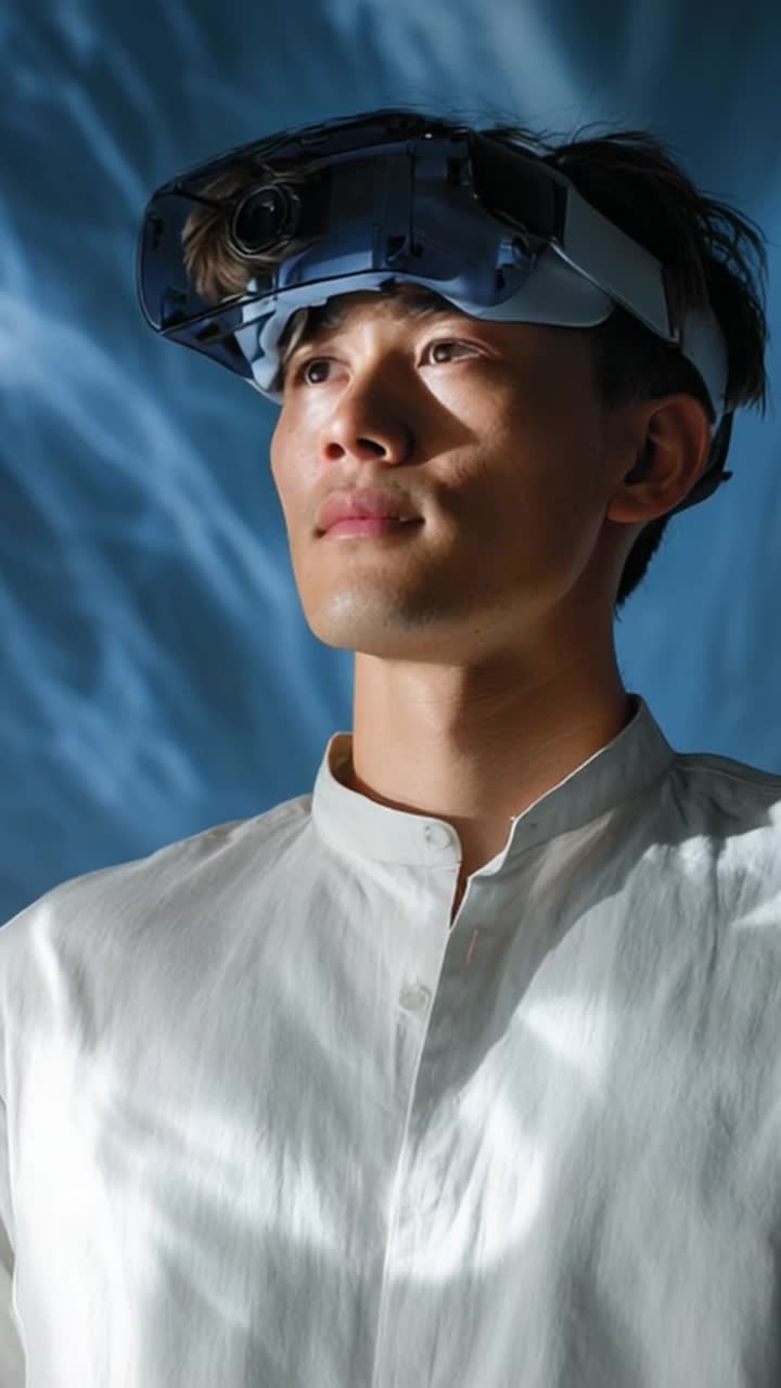 A Young Man Wearing a Virtual Reality Headset in a Dreamy Atmosphere with Soft Lighting, Capturing the Essence of Modern Technology and Immersive Experiences