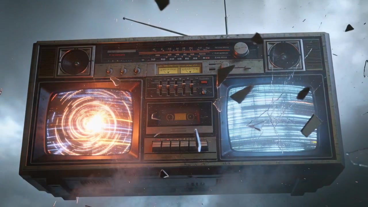 Zwevende retro boombox in stormachtige lucht, linker CRT licht op en zendt vonken uit die de rechter CRT doen kraken.