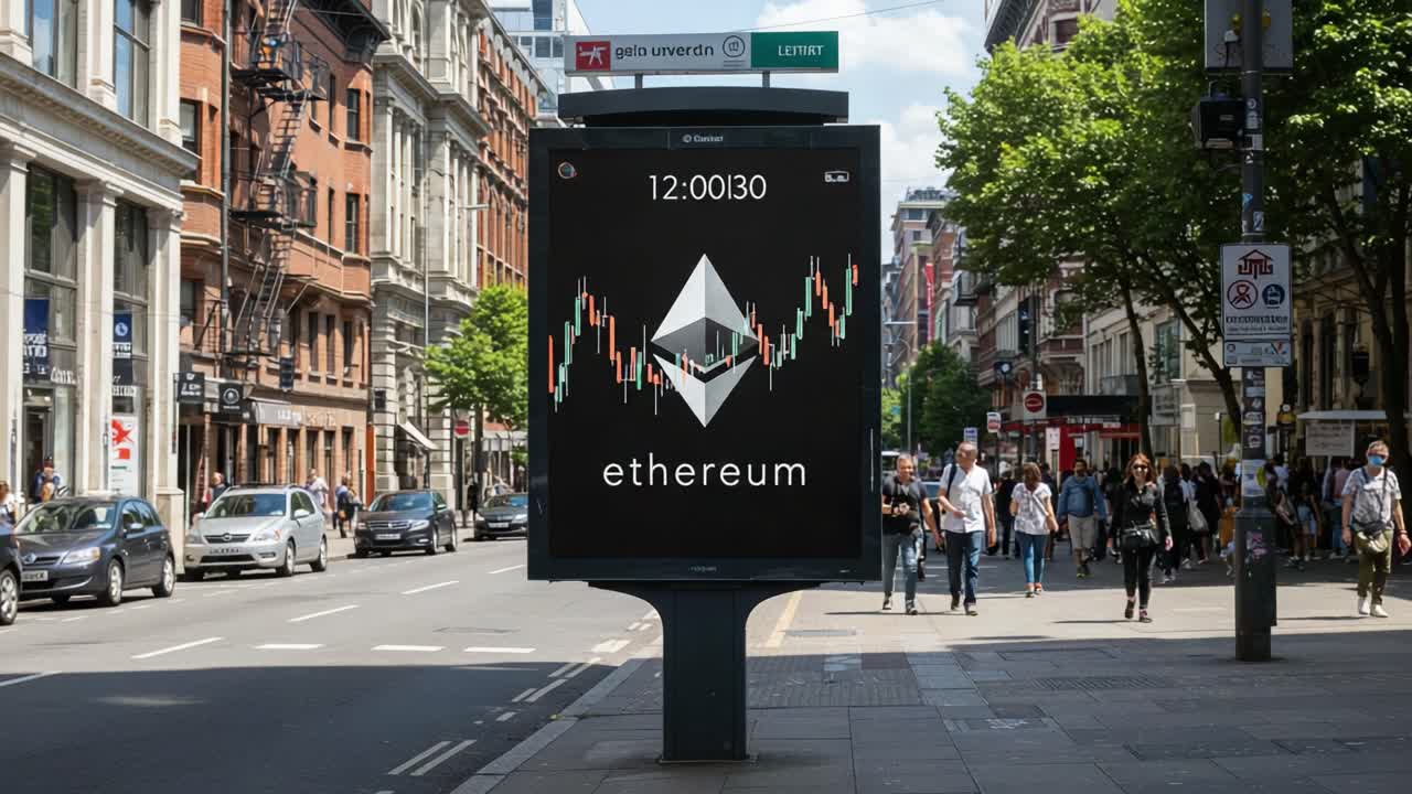 The bustling city scene showcasing a digital billboard displaying Ethereum's fluctuating market graph, capturing the essence of modern cryptocurrency interactions