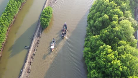 Aerial View of Boats Navigating a Mangrove River