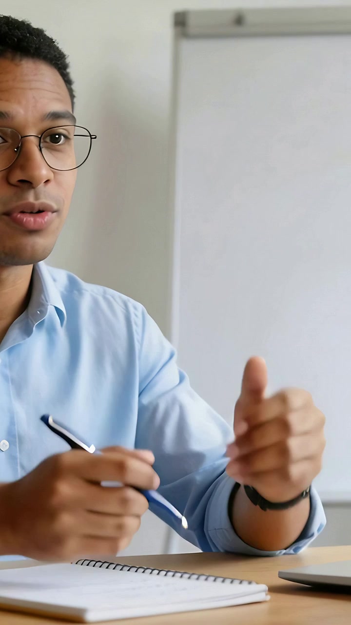 Video verticale: Uomo in camicia blu che gesticola e spiega prendendo appunti con una penna in ufficio, con spazio per il testo