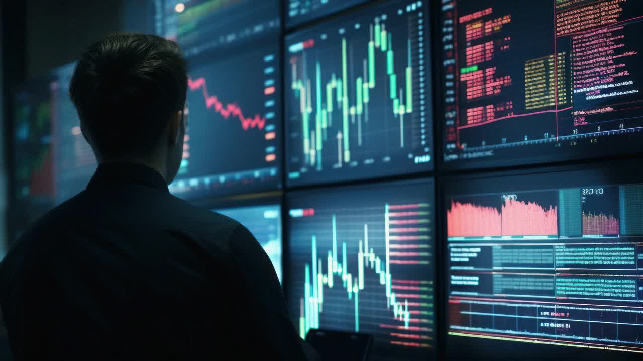 A person analyzes financial data on multiple screens. Shot from behind at eye level, the video