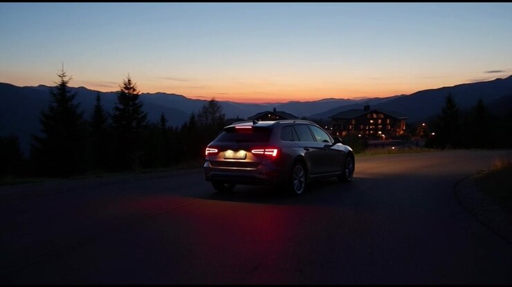 Modern SUV Driving on Mountain Road at Sunset