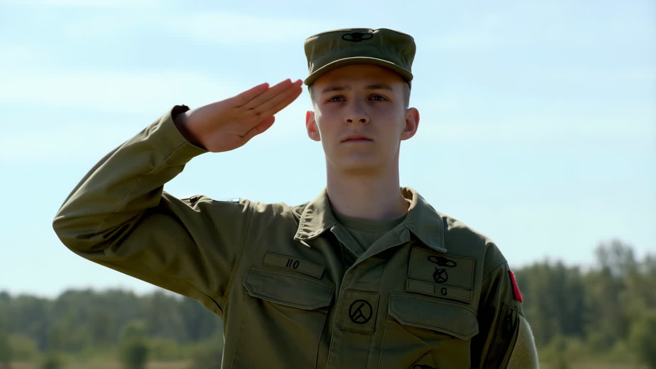 Young Soldier Saluting in Military Uniform