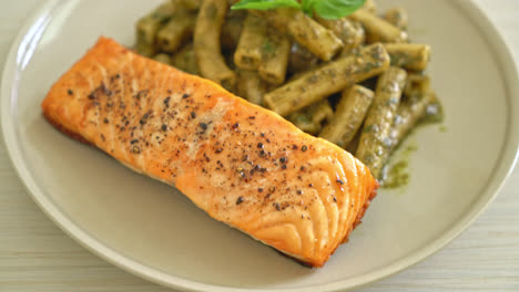 pesto-quadrotto-penne-pasta-with-grilled-salmon-fillet-steak