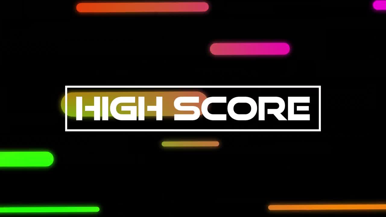 Animation of high score text with colourful bars moving on black background
