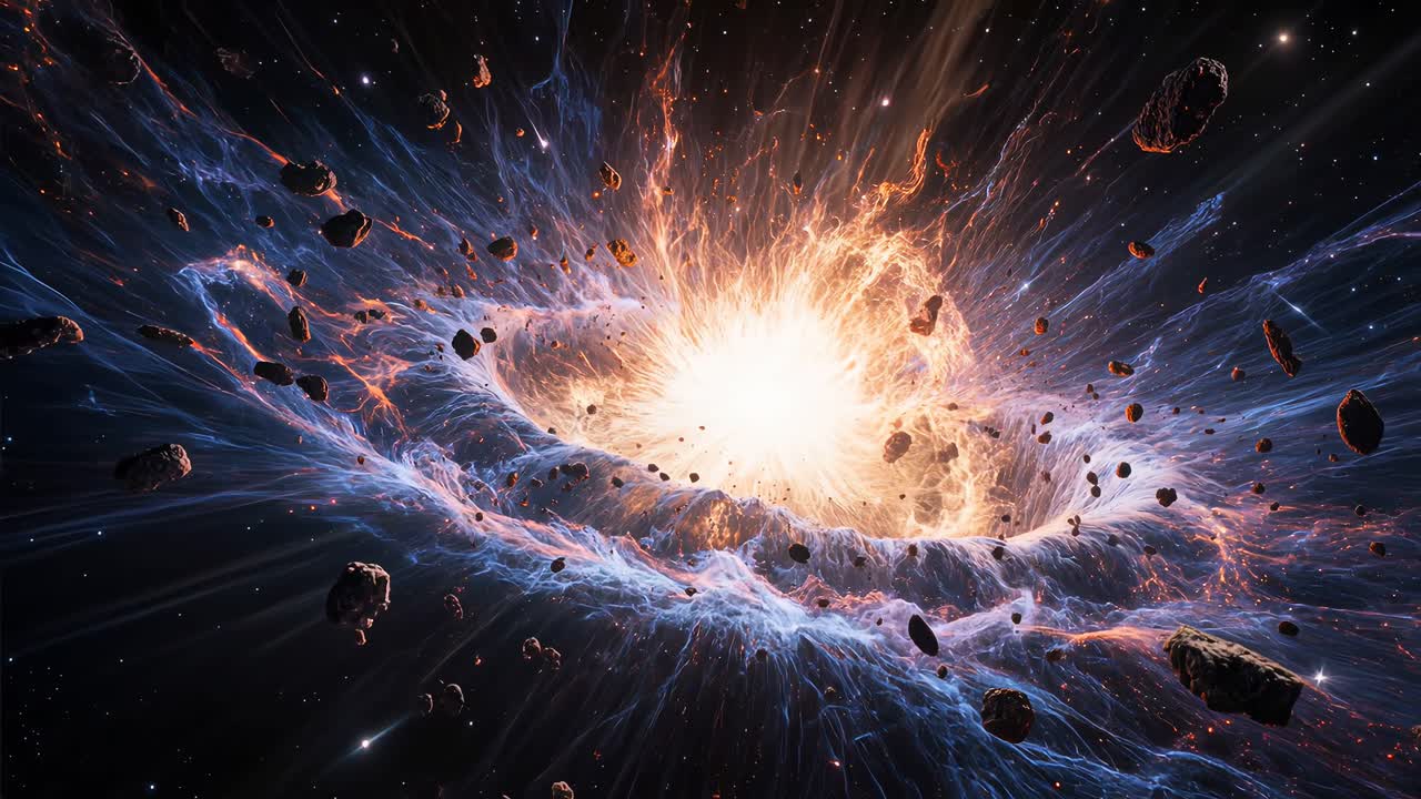 Fantastisk kosmisk scene af en supernovaeksplosion i det dybe rum med levende farver, glødende gasskyer og dynamisk stjerneenergi