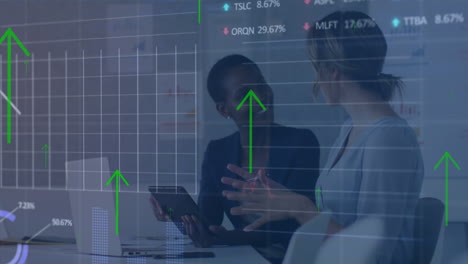 Animation-of-arrows,-graphs,-trading-boards,-diverse-female-coworkers-discussing-reports