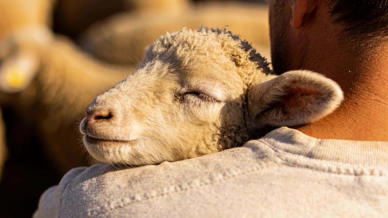 Agnello che appoggia la testa, custode in maglietta chiara che tiene l'agnello sulla spalla in una fattoria, confortando l'agnello.