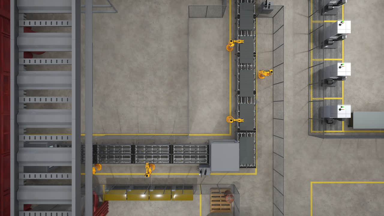 Maskiner og samlebånd på lager, 3D-render droneoptagelse.