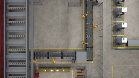 Maschinen-Und-Fließbänder-Im-Lager,-3D-Drohnenaufnahme