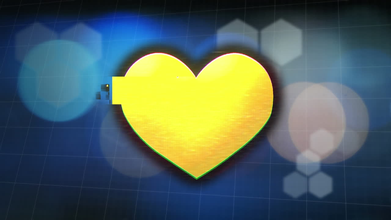 animación de corazón amarillo sobre las llamaradas de la lente contra el patrón de cuadrícula sobre fondo azul.
