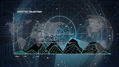 Animation-of-radar,graphs-and-world-map-on-navy-background