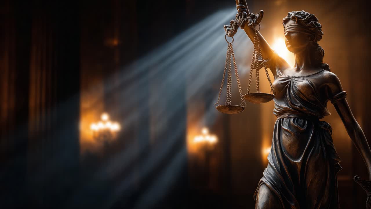 A Symbol of Justice: A Dramatic Representation of the Scales of Justice, Captured in a Dimly Lit Setting with Powerful Light Beams Enhancing the Statue's Significance