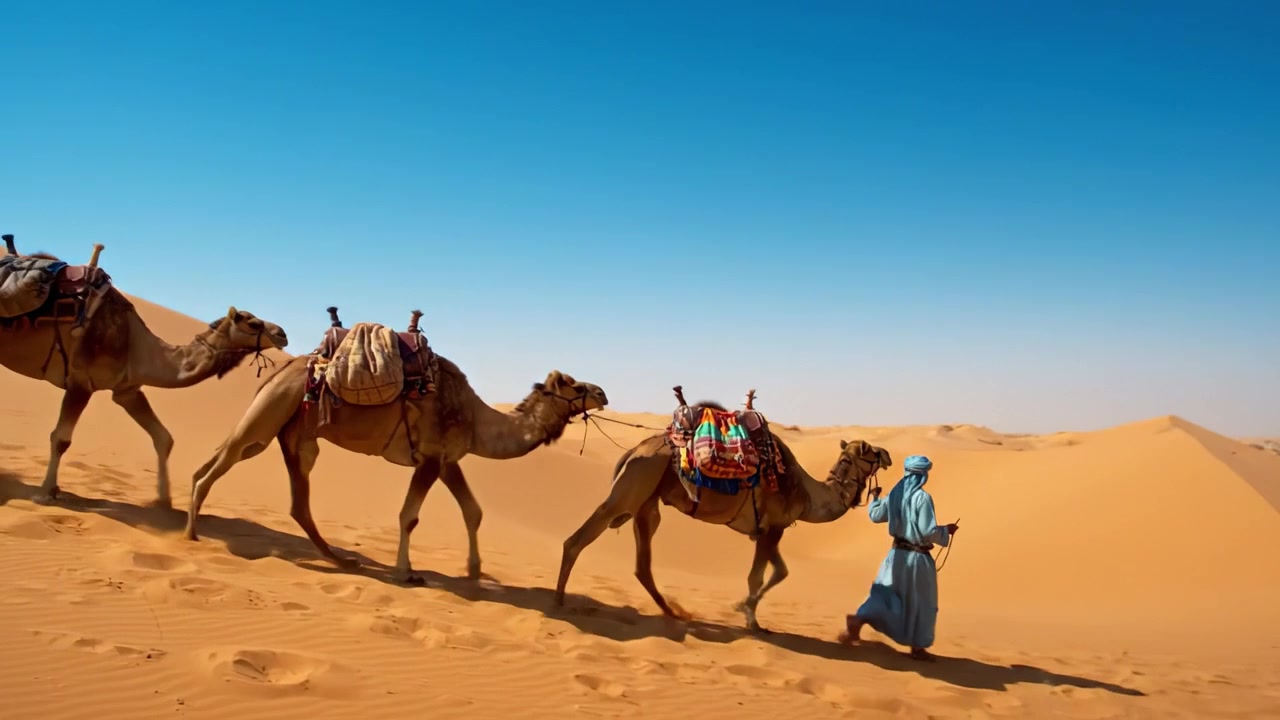 Un viaggio solitario nel deserto: una carovana di cammelli guidata da un beduino tra vaste dune desertiche sotto un cielo azzurro e limpido.