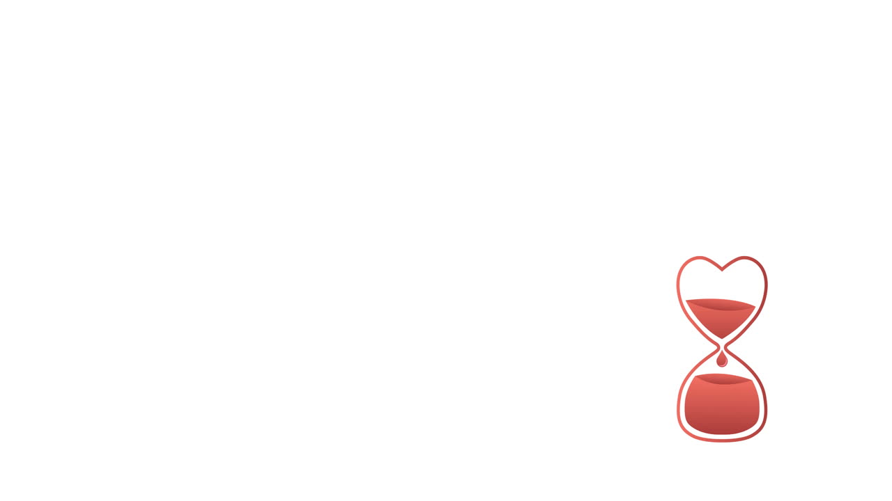 Animação de sangue em ampulheta de coração, logotipo de doação de sangue, em fundo branco.