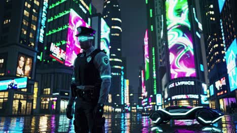 cyberpunk police officer in neon city