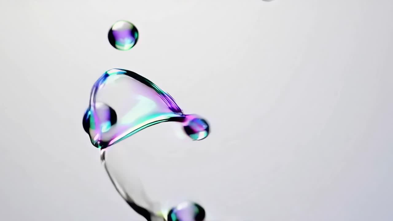 Video di bolle iridescenti che fluttuano su uno sfondo tenue e neutro, creando un'atmosfera serena