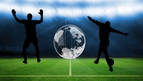 animation of silhouettes of football players kicking ball and globe over sports stadium