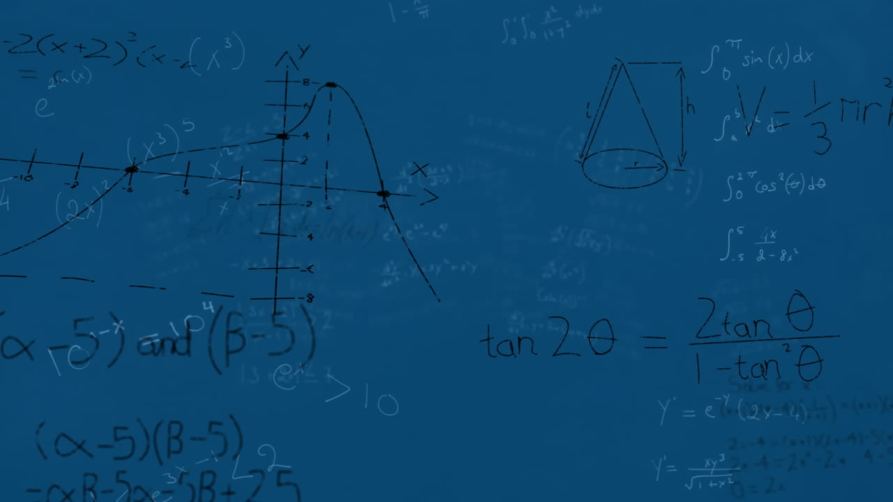 Animation of mathematical equations and diagrams floating against blue background