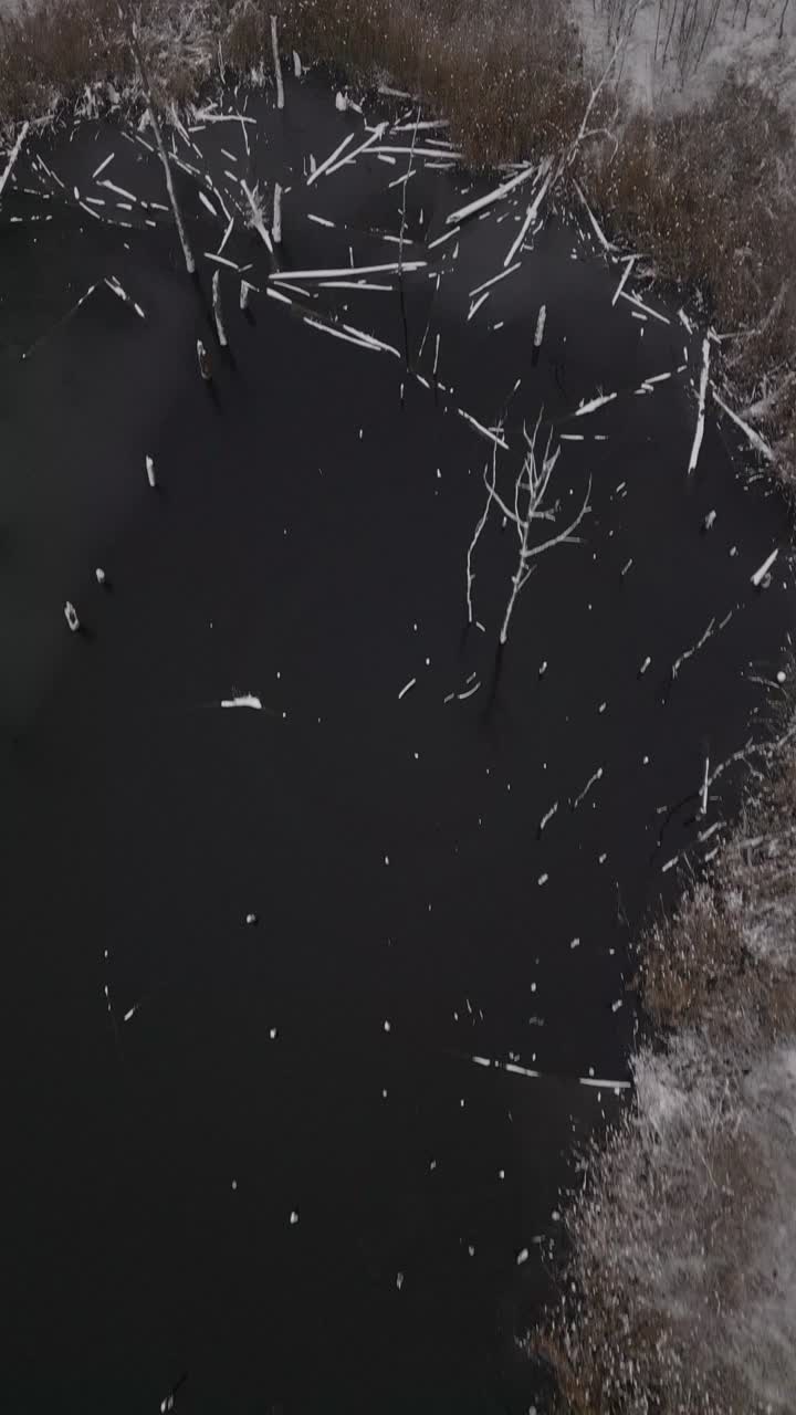 Frozen lake in bleak winter post mining industrial desolate landscape VERTICAL