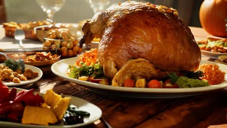 a thanksgiving dinner table with a roasted turkey, side dishes, and pumpkin