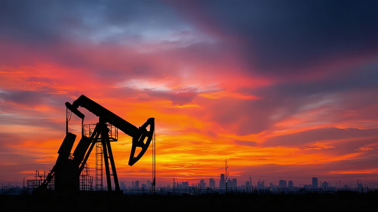 Silhouetted Oil Pump Jack Against a Vibrant Sunset Sky, Showcasing the Intersection of Industry and Nature's Beauty